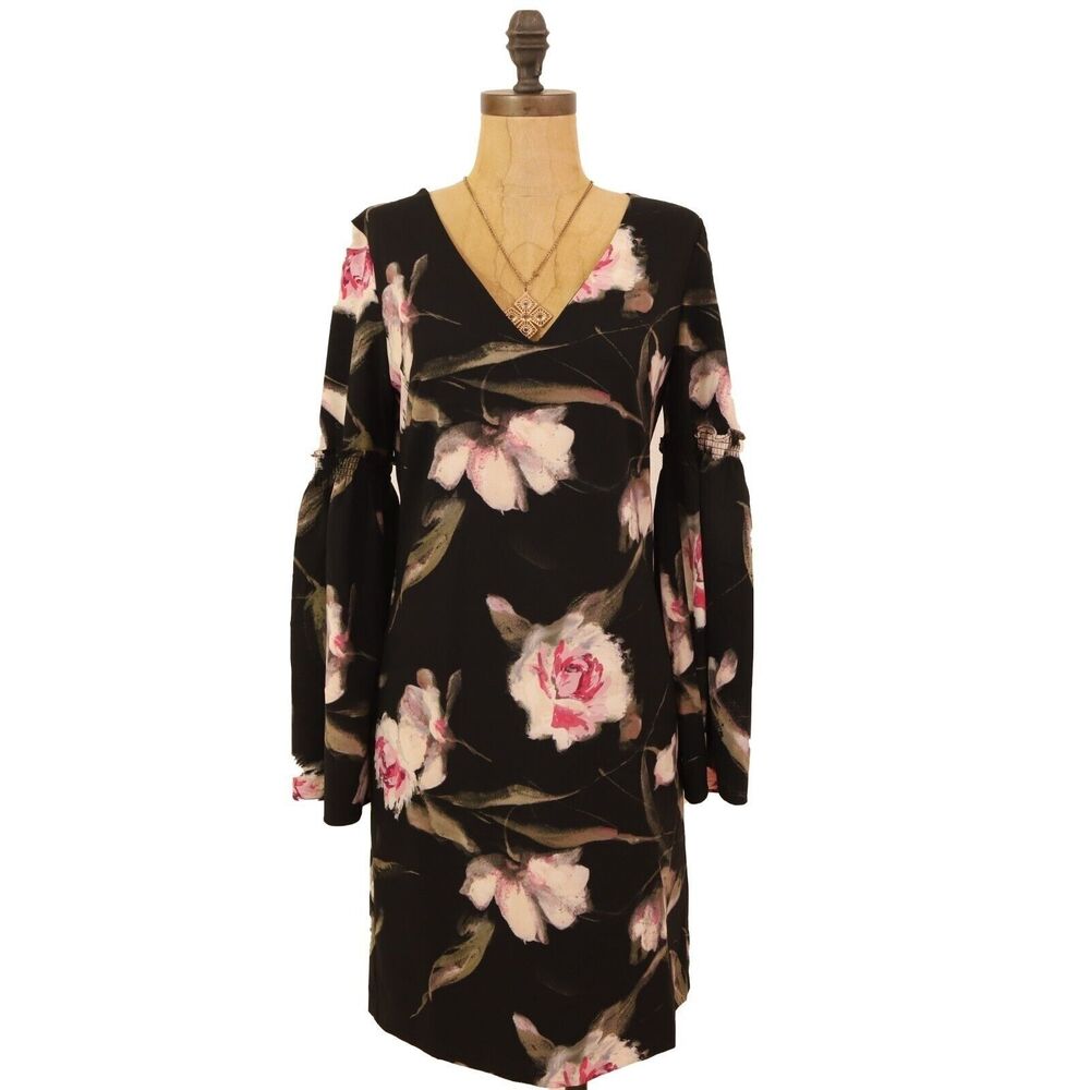White House Black Market Dress 4 6 Long Bell Sleeve Floral Black Dark Berry B48